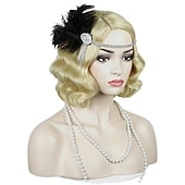 baratos Perucas Históricas-Peruca de Flapper dos Anos 1920 Cacheada com Faixa Peruca Vintage Cacheada dos Anos 20 Cabelo de Fantasia Halloween