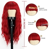 baratos Perucas de festa-Peruca Longa Ondulada Vermelha com Franja Peruca Sintética Longo Cabelo Vermelho para Mulheres Vermelho Vinho Cacheado Fantasia Peruca Borgonha para Uso em Festas Dia a Dia Perucas de Halloween