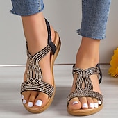 baratos Sandálias de Férias-sandálias rasteiras femininas com strass dourados e tira elástica – sapatos de verão elegantes e confortáveis para uso casual e de festa