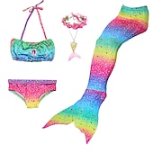 cheap Mermaid Swimsuit-Kids Girls&#039; Five Piece Mermaid Swimwear Swimwear Bikini Swimming Rainbow Cute Sexy Print Bathing Suits 3-10 Years Summer Light Blue Rose Gold