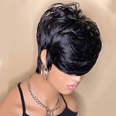 baratos Perucas capless de cabelo natural-peruca bob de onda curta cabelo humano corte pixie peruca para mulheres peruca dianteira rendada com franja ondas em camadas peruca completa feita à máquina 1b cor