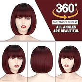economico Parrucche storiche-Parrucca Bob Corto Rosso Vino con Frangia Parrucca Dritta Borgogna per Donne Parrucca Corto Dritta Aspetto Naturale per Uso Quotidiano e Feste Parrucche di Halloween