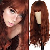 baratos Perucas de festa-Peruca Longa Ondulada Vermelha com Franja Peruca Sintética Longo Cabelo Vermelho para Mulheres Vermelho Vinho Cacheado Fantasia Peruca Borgonha para Uso em Festas Dia a Dia Perucas de Halloween