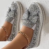 abordables Zapatillas de mujer-Zapatillas sin cordones con brillantes diamantes de imitación para mujer: mocasines con plataforma y lazo con purpurina para fiestas, ropa informal y de calle