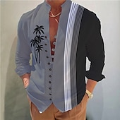 cheap Tropical Plants-Men&#039;s Coconut Tree Striped Tropical Plants Shirt Summer Hawaiian Shirt Aloha Shirt Long Sleeve Shirt Stand Collar Fashion Streetwear Designer Outdoor Street Casual Light Green Light Brown Blue S M L