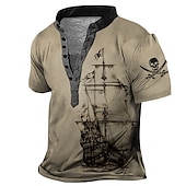 olcso Vintage&amp;amp;Retro-Férfi Grafika Hajó Henley ing Rövid ujjú 3D nyomtatás Divat Alkalmi Kényelmes Szabadtéri Napi Alkalmi Nyár Sötétbarna Arcpír rózsaszín Rubin Sötétkék Medence Henley Henley póló