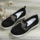 billige Sneakers til kvinner-Dame Treningssko Slip-Ons Store størrelser Hevende Sko Flyknit sko Daglig Vandring Helfarge Rhinsten Spenne Flat hæl Kile Hæl Rund Tå Fritid Komfort minimalisme Flying Weaving Tøfler Svart Mørkeblå