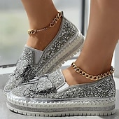 abordables Zapatillas de mujer-Zapatillas sin cordones con brillantes diamantes de imitación para mujer: mocasines con plataforma y lazo con purpurina para fiestas, ropa informal y de calle