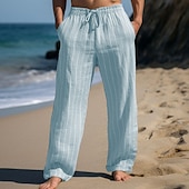 cheap Holiday-Men&#039;s Linen Pants Trousers Summer Pants Drawstring Elastic Waist Straight Leg Stripe Comfort Breathable Outdoor Daily Going out Fashion Casual Sky Blue Khaki