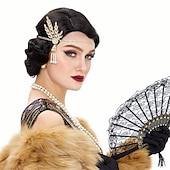 billige Historiske parykker-Lang 1920-talls parykk fingerbølger parykk krøllete kort parykk vintage parykker kvinner dame syntetisk varmebestandig full parykk cosplay kostyme festdrakt med parykk hette Halloween-parykker