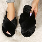billiga Inneskor och flip-flops till damer-Mysig rosa fuskpäls damtofflor - mjuk och mjuk korsbandsstil, perfekt för avkoppling hemma och vardagskläder inomhus