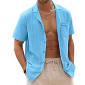 ieftine Business Casual-Bărbați cămașă de in Cămașă de vară Cămașă de plajă Camașă cu nasturi Simplu Vacanță Hawaiian Negru Alb Roz Îmbujorat Albastru piscină Manșon scurt Rever Primavara vara Îmbrăcăminte De Bază