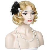 baratos Perucas Históricas-Peruca de Flapper dos Anos 1920 Cacheada com Faixa Peruca Vintage Cacheada dos Anos 20 Cabelo de Fantasia Halloween