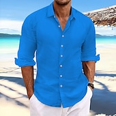 cheap Vacation-Men&#039;s Linen Shirt Summer Shirt Beach Wear Casual Shirt Button Up Shirt Plain Casual Daily Light Yellow White Pink Dark Navy Long Sleeve Spring &amp; Summer Clothing Apparel