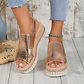 billige Ferietøfler-Damesandaler med metallisk gullfarget espadriller i kunstskinn med åpen tå og spenne, uformelle sommerkilesko for ferie, strand og hverdagsantrekk.