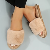 cheap Women's Slippers &amp; Flip-Flops-Women's Plush Fuzzy Open-Toe Slippers – Cozy Indoor Home Shoes with Soft Faux Fur for Winter Comfort