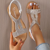 baratos Sandálias de Férias-sandálias rasteiras femininas com strass dourados e tira elástica – sapatos de verão elegantes e confortáveis para uso casual e de festa