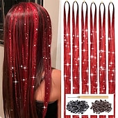 ieftine Păr croșetat-Trusă de beteală de păr negru cu instrument 6 buc 1200 de șuvițe beteală de păr rezistentă la căldură păr de zână strălucitor, strălucitor, extensii de păr pentru femei, fete, copii, 47 inch