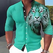 cheap Animal Print-Men&#039;s Animal Tiger Shirt Button Up Shirt Long Sleeve Fashion Streetwear Designer Outdoor Casual Daily Summer Spring Fall Stand Collar Print Blue-Green Red Blue Orange Green