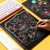 abordables Juguetes educativos-12 hojas de cuadernos para rascar arcoíris, suministros para manualidades, juego de papel de dibujo a color para niños, juego de cumpleaños, recuerdo de fiesta, festival, actividad de Pascua, juguete