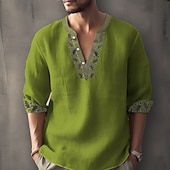 cheap Ethnic Pattern-Men&#039;s Ethnic Shirt Linen Shirt Long Sleeve Fashion Streetwear Designer Outdoor Daily Going out Spring &amp; Summer Stand Collar Print Yellow Light Green Pink Red Navy Blue