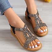 baratos Sandálias de Férias-sandálias rasteiras femininas com strass dourados e tira elástica – sapatos de verão elegantes e confortáveis para uso casual e de festa