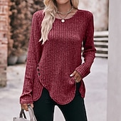 preiswerte Damen Einfache Oberteile-Damen T Shirt Burgunderrotes T-Shirt Glatt Basic Langarm Rundhalsausschnitt Normale Oberteile Täglich Wochenende Schwarz Wein Blau Grün Grau Herbst Winter