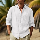 cheap Vacation-Men&#039;s Shirt Cotton Linen Shirt Summer Shirt Beach Wear Button Up Shirt Plain Vacation Curise Black White Pink Navy Blue Long Sleeve Lapel Spring &amp; Summer Clothing Apparel