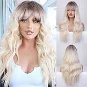 economico Parrucche trendy sintetiche-parrucca bionda ombre lunga dritta con frangia radice scura capelli lunghi con frangia aspetto naturale parrucca sintetica resistente al calore festa di gioco quotidiana adatta a donne alla moda 20