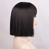 baratos Perucas de festa-Peruca Preta Bob com Franja Curta Preta para Mulheres Peruca Bob Lisa Resistente ao Calor Peruca Sintética Mia Wallace Cleopatra Cospaly Uso Diário Festa 12 Perucas de Halloween