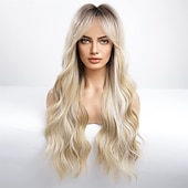 economico Parrucche trendy sintetiche-parrucca bionda ombre lunga dritta con frangia radice scura capelli lunghi con frangia aspetto naturale parrucca sintetica resistente al calore festa di gioco quotidiana adatta a donne alla moda 20