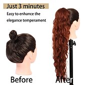 cheap Ponytails-Long Auburn Red Drawstring Ponytail Extension for Women 24 Inch Synthetic Long Curly Wavy Clip in Ponytail Hair Extensions for Daily Party Use