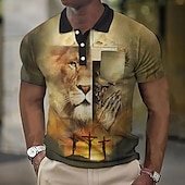 halpa Miesten vintage poolo-Miesten Leijona Graafiset tulosteet Risti Vohveli poolopaita Poolopaita Lapel Polo Button Up Polos Golfpaita Lyhythihainen Paita Sänkyjen avaus ulko- Katu Vaalean keltainen Musta Keltainen Rubiini