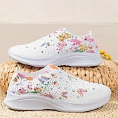 voordelige Damessneakers-Witte slip-on damessneakers met bloemenprint en strass-steentjes voor vrijetijdskleding