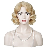 baratos Perucas Históricas-Peruca de Flapper dos Anos 1920 Cacheada com Faixa Peruca Vintage Cacheada dos Anos 20 Cabelo de Fantasia Halloween