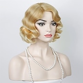 baratos Perucas Históricas-Peruca de Flapper dos Anos 1920 Cacheada com Faixa Peruca Vintage Cacheada dos Anos 20 Cabelo de Fantasia Halloween