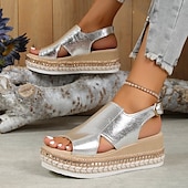 billige Ferietøfler-Damesandaler med metallisk gullfarget espadriller i kunstskinn med åpen tå og spenne, uformelle sommerkilesko for ferie, strand og hverdagsantrekk.