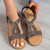 baratos Sandálias de Férias-sandálias rasteiras femininas com strass dourados e tira elástica – sapatos de verão elegantes e confortáveis para uso casual e de festa