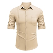 cheap Vacation-Men's Shirt Guayabera Shirt Linen Shirt Button Up Shirt Summer Shirt Beach Shirt Black White Navy Blue Long Sleeve Plain Turndown Spring &amp; Summer Casual Daily Clothing Apparel Patchwork