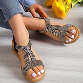 baratos Sandálias de Férias-sandálias rasteiras femininas com strass dourados e tira elástica – sapatos de verão elegantes e confortáveis para uso casual e de festa