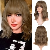 baratos Perucas de festa-Peruca Curta Loiro com Mechas Rosas Perucas com Franja Peruca Bob Cacheada e Ondulada Sintética com Comprimento até os Ombros para Meninas Fantasias de Halloween e Festas de Cosplay