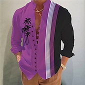 cheap Tropical Plants-Men&#039;s Coconut Tree Striped Tropical Plants Shirt Summer Hawaiian Shirt Aloha Shirt Long Sleeve Shirt Stand Collar Fashion Streetwear Designer Outdoor Street Casual Light Green Light Brown Blue S M L