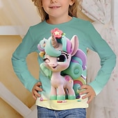 billiga Flickans 3D-tecknad film-Flickor 3D Grafisk Tecknat Enhörnings T-shirt Långärmad 3D-tryck Sommar Höst Aktiv Mode söt stil Barn 3-12 år Utomhus Ledigt Dagligen Normal