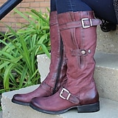 cheap Biker Boots-Women&#039;s Purple Faux Leather Knee-High Boots with Buckle Straps and Side Zipper, Vintage Style Motorcycle Boots for Outdoor and Casual Wear