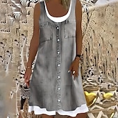 cheap Plain Dress-Women&#039;s Midi Dress Shift Dress Gray Sleeveless Floral Fake two piece Summer Spring Crew Neck Modern 2023 5XL