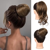 abordables Queue-de-cheval-chignon en désordre haut noeud clip en chignon faux chignon queue de cheval extension 12 pouces synthétique chignon chignon postiche pour les femmes noir