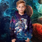billige Gutts 3D-visjon og geometri-Gutt 3D Grafisk Galakse Rom Hattetrøje Langermet 3D-utskrift Vår Høst Vinter Mote Gatemote Kul Barn 3-12 år utendørs Avslappet Daglig Normal