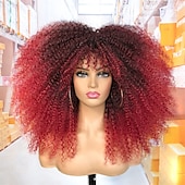 voordelige Topkwaliteit pruiken-18 inch lange krullende pruik met pony voor zwarte vrouwen afro bom kinky krullende pruik pluizig en zacht synthetisch haar