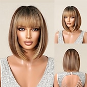 baratos Perucas Sintéticas sem Touca-peruca loira com franja - peruca loira curta de 12&#039;&#039; para mulheres perucas de cor natural com franja super macia e fácil de usar peruca reta bob peruca sintética para o dia das bruxas