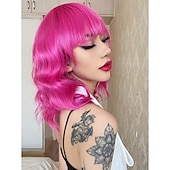 voordelige Carnaval pruiken-hete roze pruik met pony korte bob golvend krullend pruik schouderlengte hete roze pruiken voor vrouwen synthetisch haar kleurrijke pruik voor halloween kostuum cosplay 14 inch